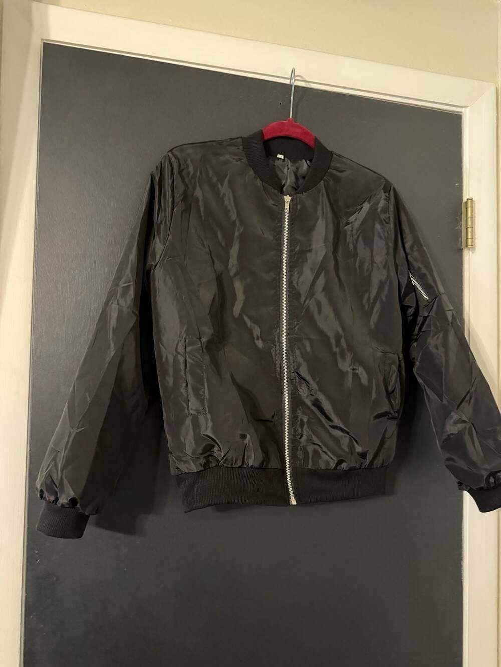 Bomber Jacket Casual Black Windbreaker with Pockets medium - Picture 2 of 6